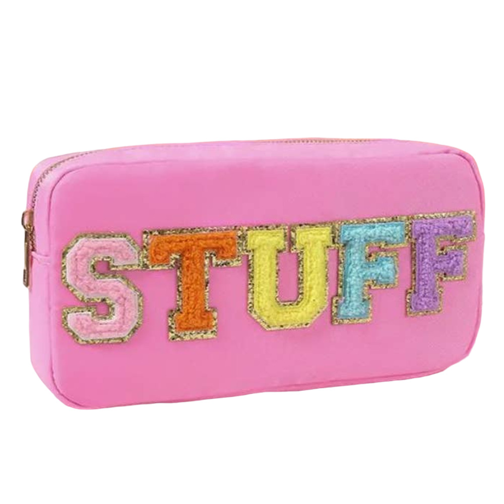New Pink STUFF Nylon Makeup Bag Organizer with Chenille Letters